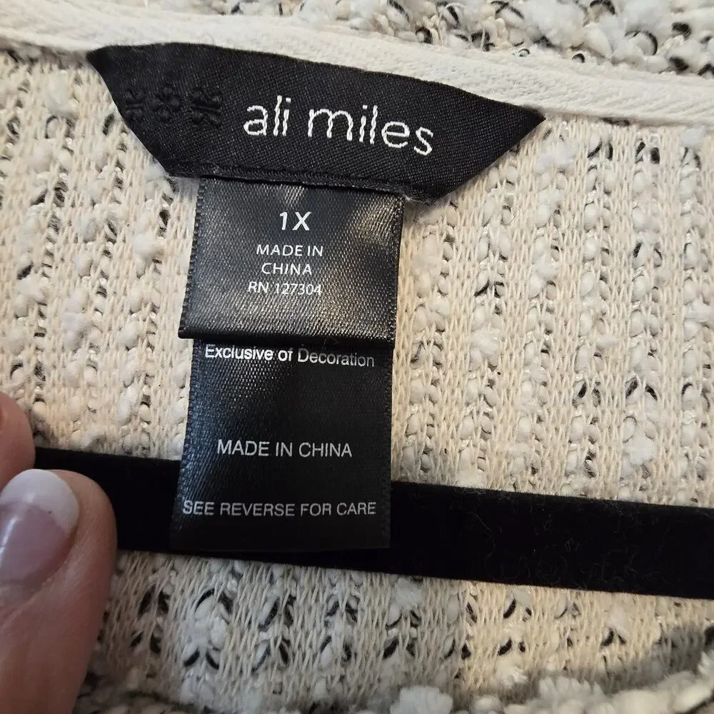 Ali Miles Cowl Neck Boucle Tunic Top Womens 1X Off White Chunky Fringe Lagenlook
